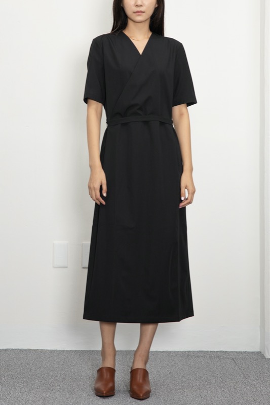 WRD010 스판 폴리 하프 랩 벨트 드레스 (블랙)